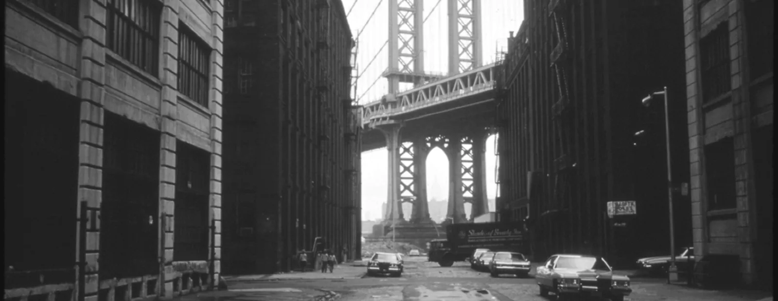 The Manhattan Bridge, seen from a street in Brooklyn.