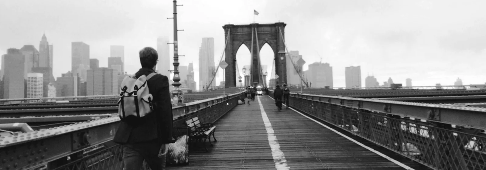 The Brooklyn Bridge walkway, heading into Manhattan.